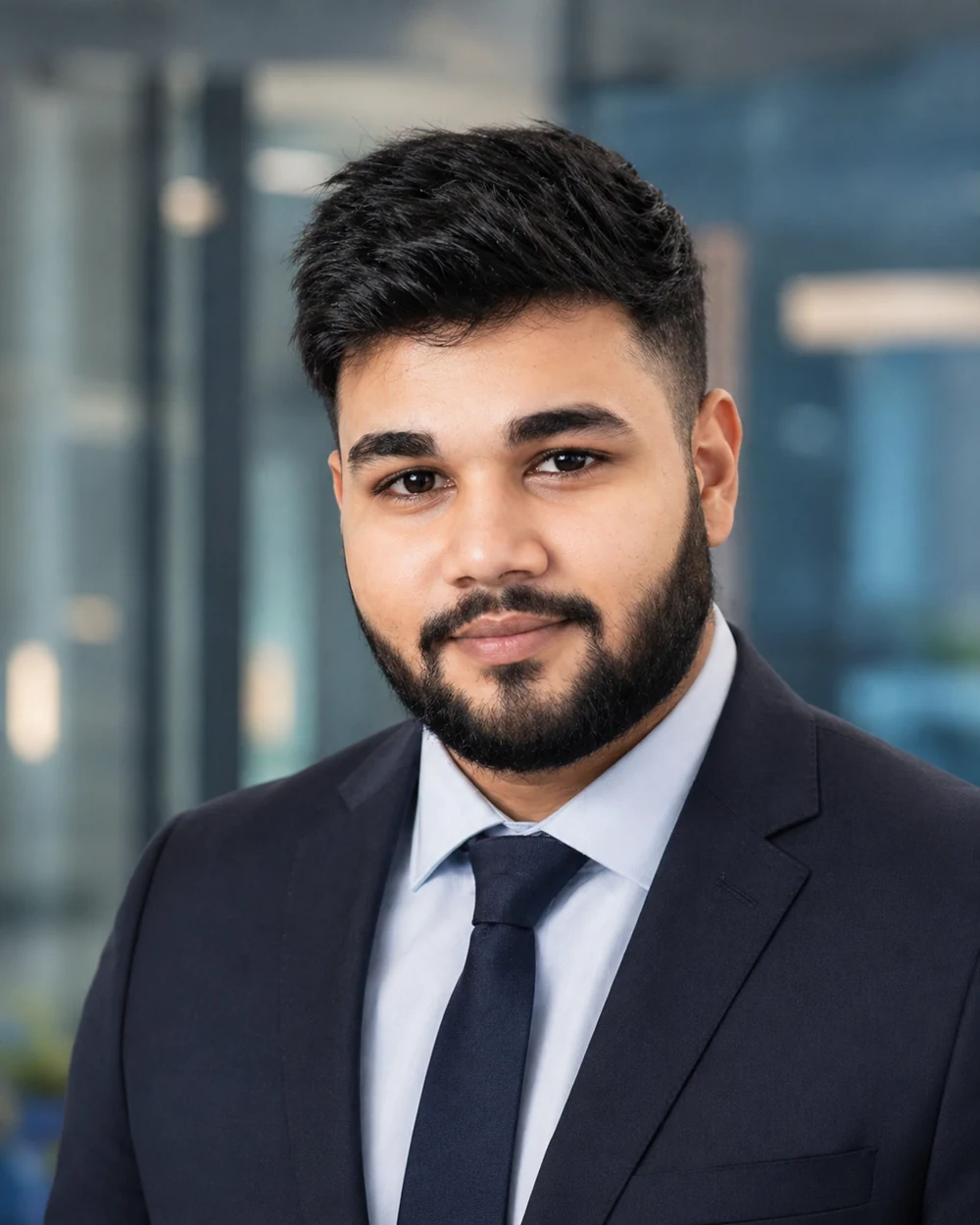 Professional portrait of Vijay Padayachee in a navy suit and tie